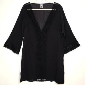 Black Sheer Cotton Guaze Crochet Lace Tunic Dress Boho‎ Beach Cover Up Resort L